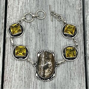 328. Moss Agate and Citrine Sterling Artisan Link Bracelet